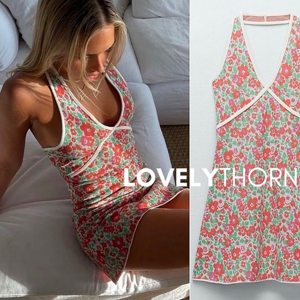 ZARA // blogger fave retro-chic floral jacquard stretch knit mini halter dress